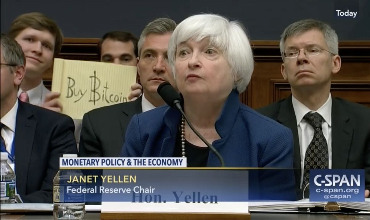 'Buy Bitcoin' Sign Shown Behind Janet Yellen Sells for $1 Million at Auction