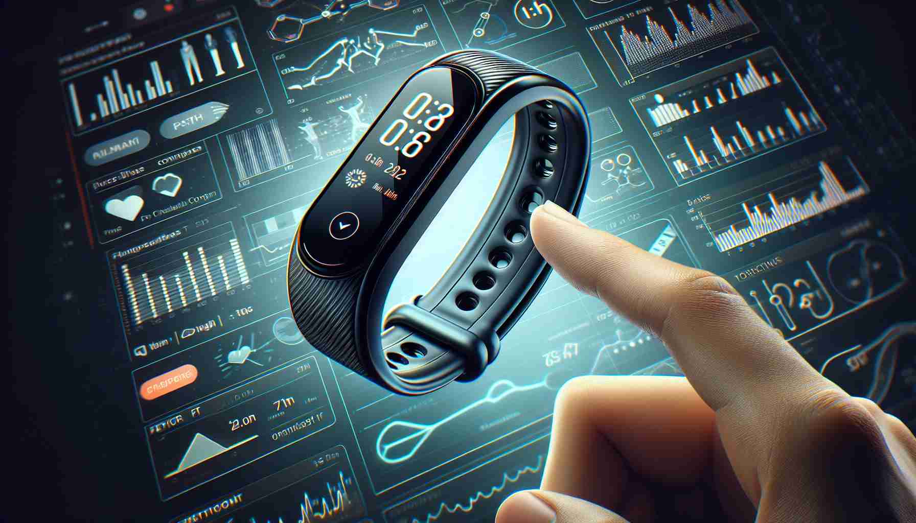 Create a realistic HD image of an innovative fitness tracking gadget called 'Smart Band 8 Active'. This revolutionary device is a game-changer for budget health enthusiasts. The design is sleek, lightweight, and features a screen that displays all the essential metrics in real time. The band's logo, '8 Active', prominently displayed on the gadget, further highlights its exclusive model. It's been launched by a major technology company and has captured the attention of fitness fans around the world for its affordability and cutting-edge features.